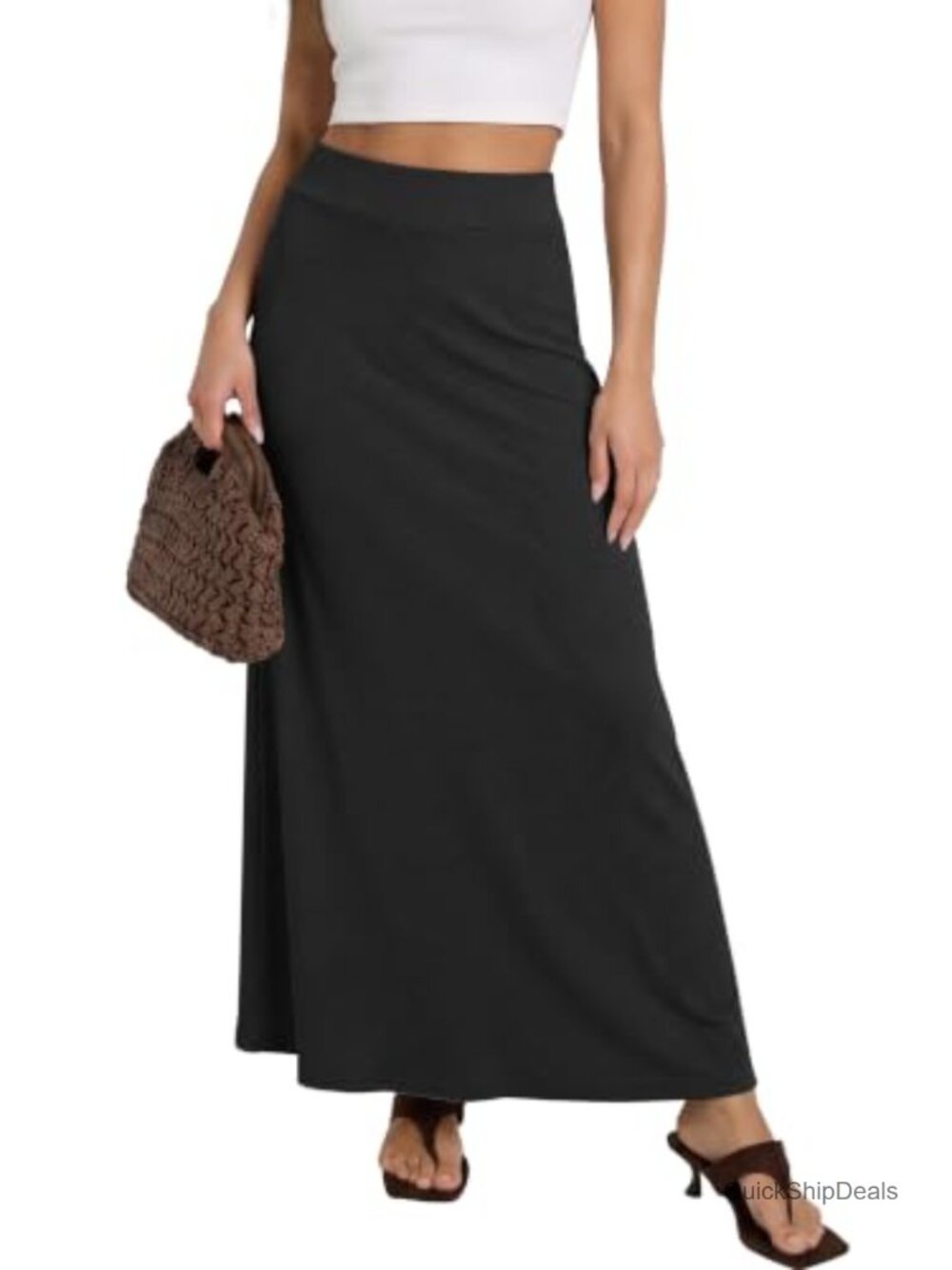 Stretchy A-Line Maxi Skirt Elastic Waist Long Pull-On